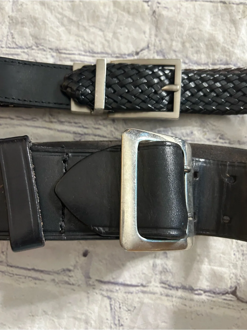 BLACK WAXED LEATHER (BWF) RUGGED BELT SIZE 28 & BLACK WOVEN REVERSIBLE BELT 28